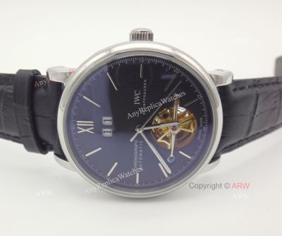 Clone IWC Tourbillon Men Watch IWC Portuguese Black Face Black Leather Strap